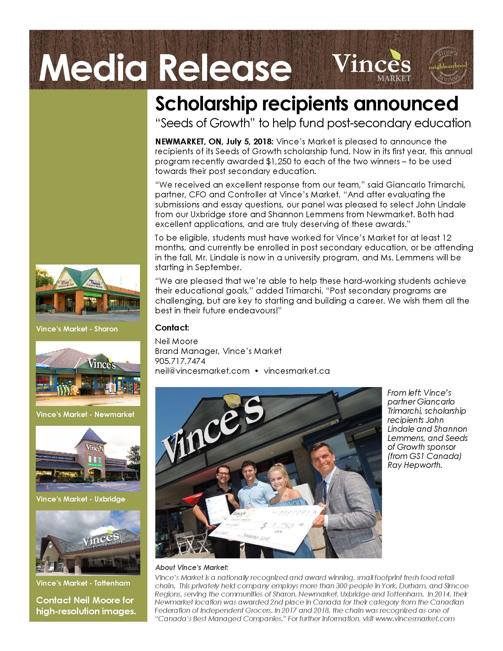 Vince's Market media release-Seeds of Growth