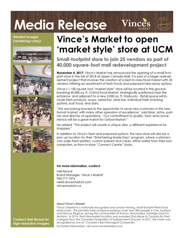 Vince's Market media release-Upper Canada Mall store