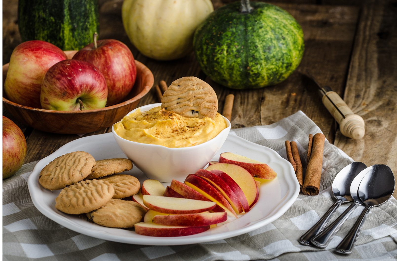 Maple Pumpkin yogurt dip with cinnamon, homemade biscuits and a delicious apple slices