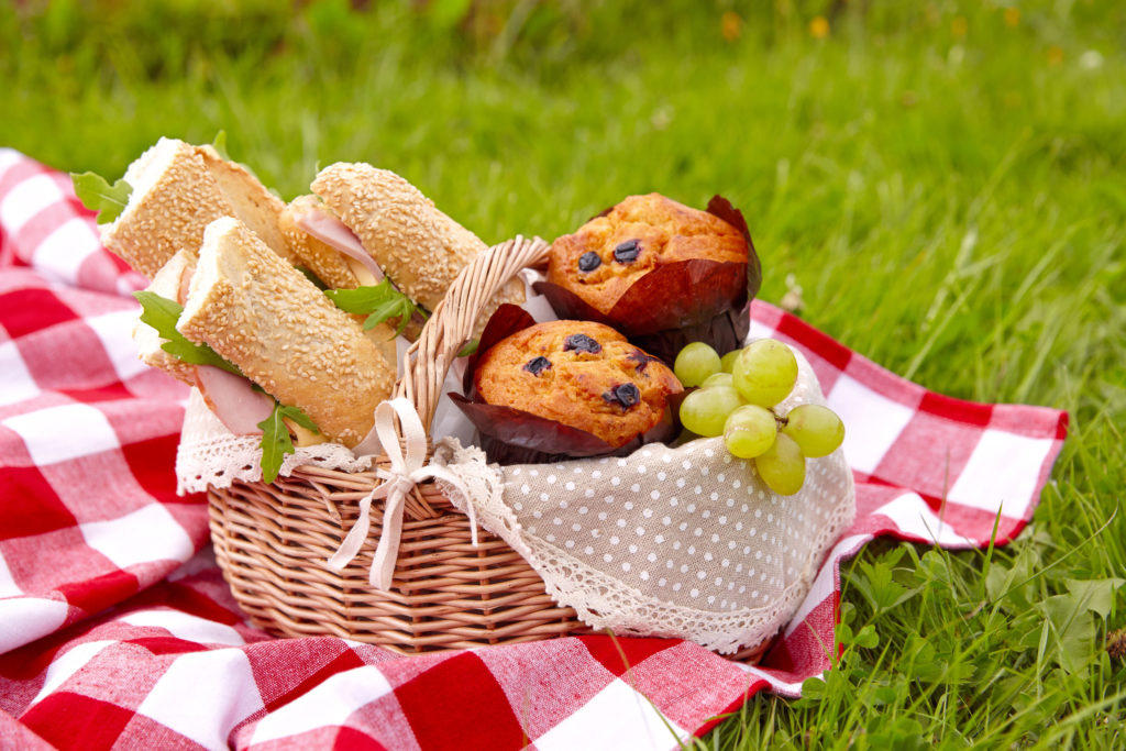 Picnic basket with sandwiches, muffins and fruits