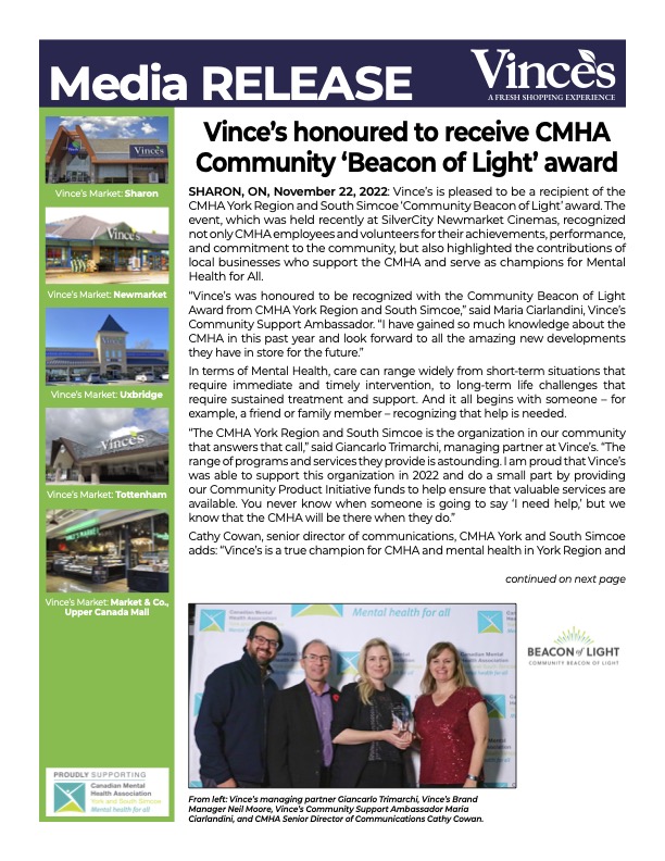 Vince's Honoured to Receive CMHA Community Beacon of Light Award Release