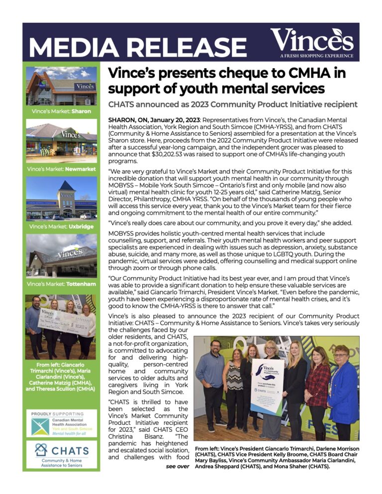 Press release preview - Vince's presents cheque to CHMA and announces 2023 recipient.