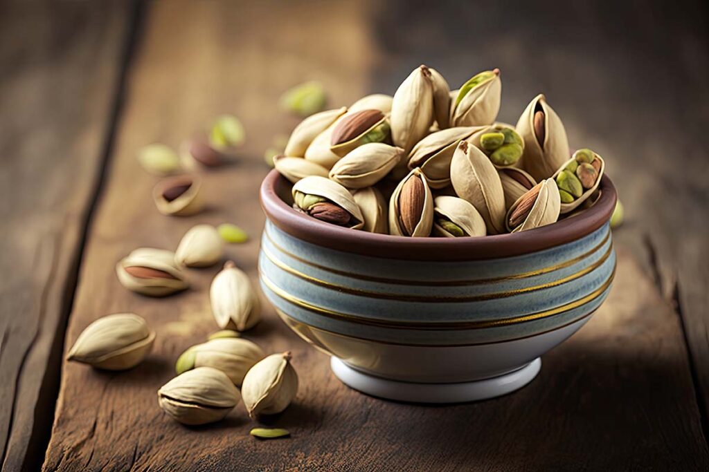 Bowl of Pistachios on wooden table