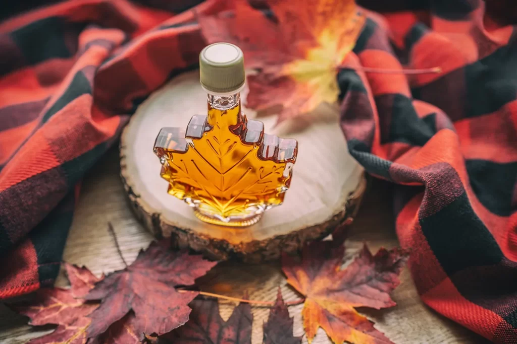 A jar of maple syrup among the maple leaves.
