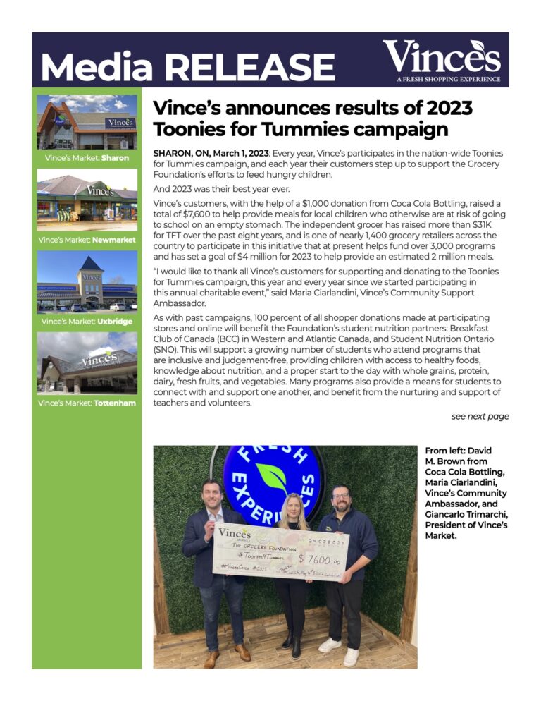 Press Release: Vince's announces results of 2023 Toonies for Tummies campaign
