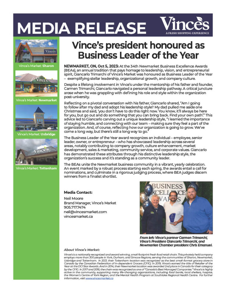 Vince’s president honoured as Business Leader of the Year