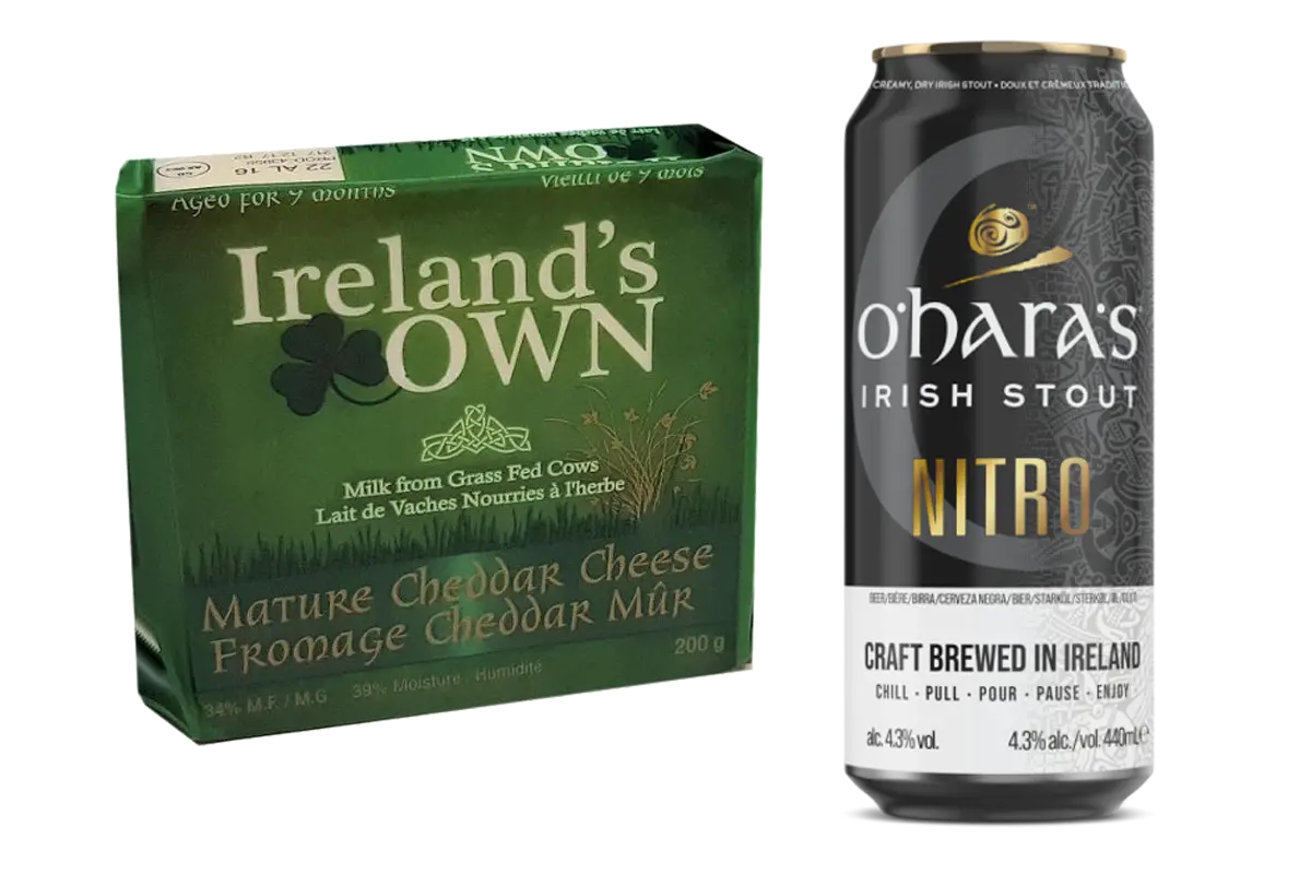 Ireland's Own Cheddar with a can of O'Hara's Irish Stout