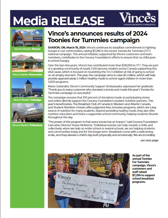 Vince’s announces results of 2024 Toonies for Tummies campaign