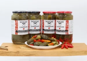 Jars of various kinds of Pickled Canadian Pickles