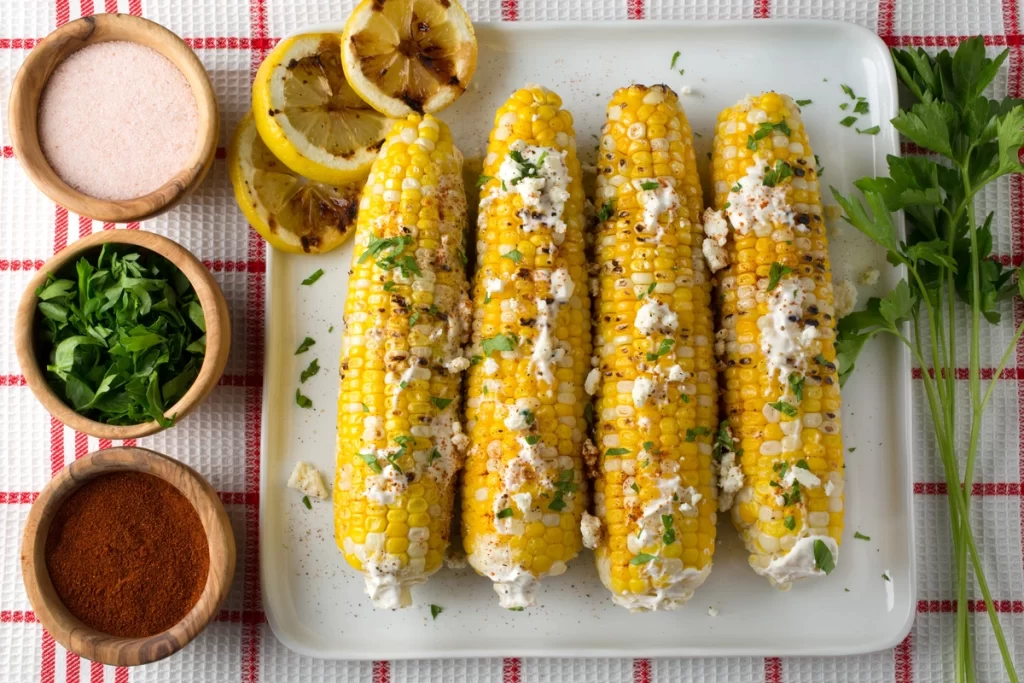 Local Summer corn prepared and topped with some spices and crumbled feta cheese