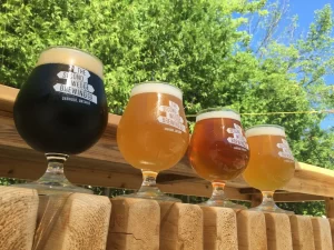 4 Glasses filled with various Second Wedge Brewing beers with the brewery's logo on each glass