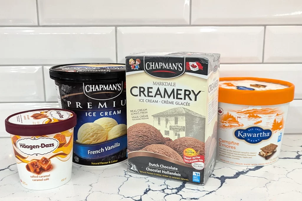 Packages of Kawartha, Chapman's, and Haagen-Dazs Ice Creams, all available at Vince's Market.