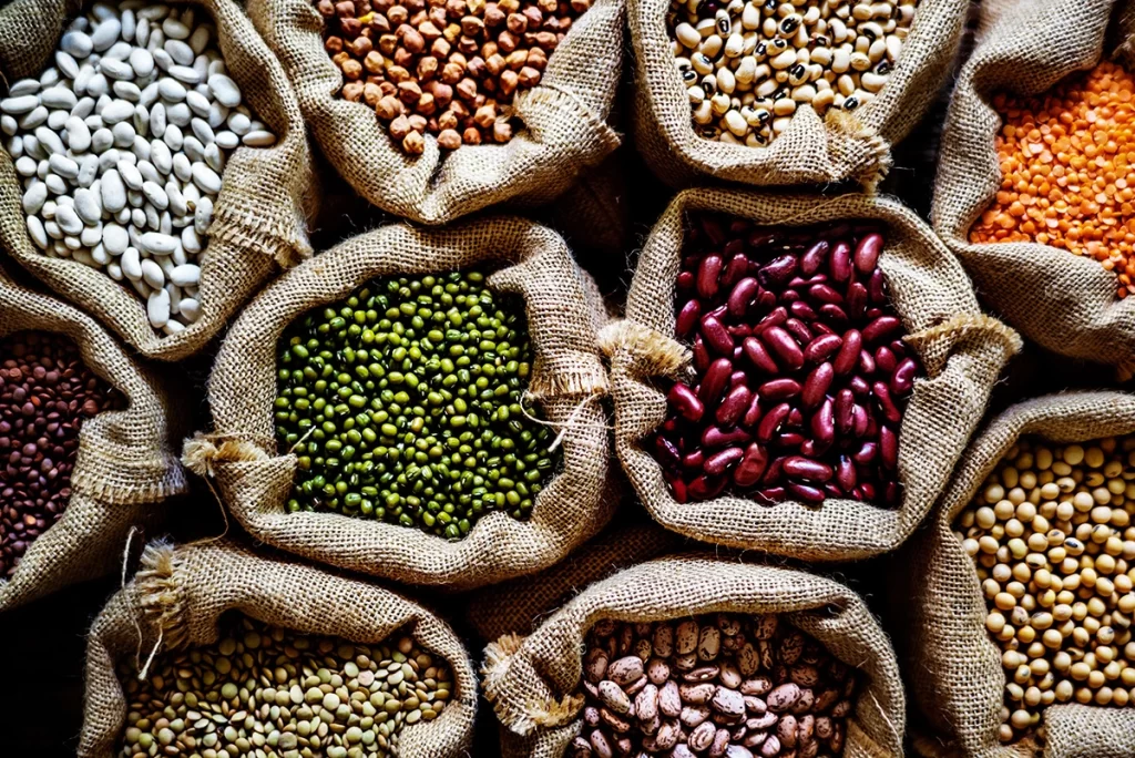 Various bags of legumes including beans, peas. and lentils