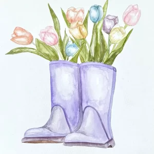 A watercolor painting of a pair of blue rubber boots with blooming tulips inside